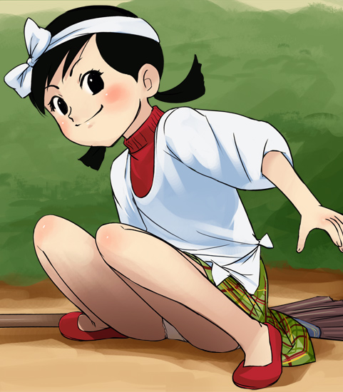 haruyama kazunori, sacchan (relief sacchan), relief sacchan, 1girl, black eyes, black hair, broom, child, female focus, panties, pantyshot, plaid clothes, plaid skirt, red shoes, shoes, skirt, solo, underwear
