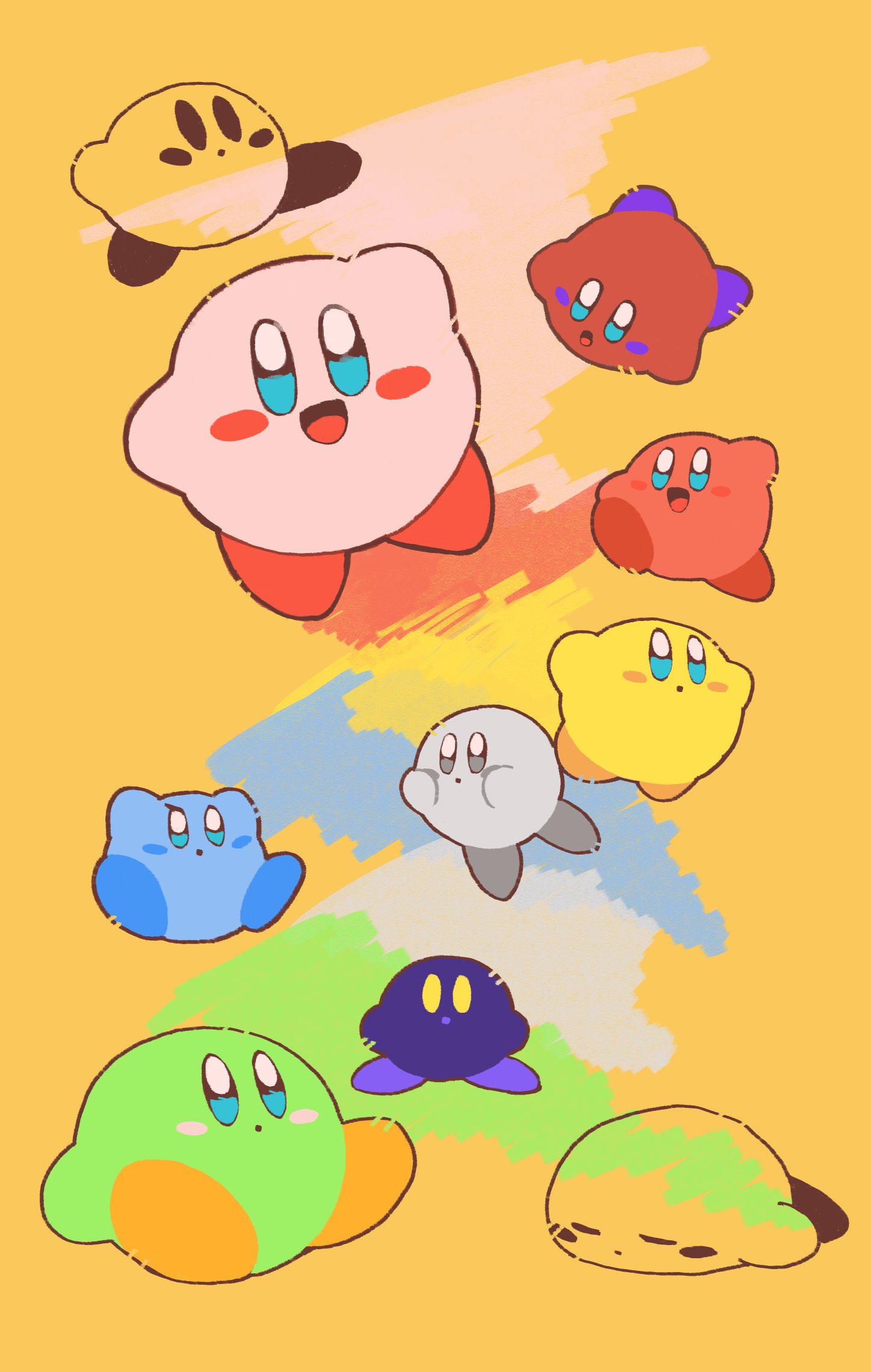 purano7, kirby, kirby (series), nintendo, super smash bros., highres, :d, :o, blue eyes, blush stickers, clone, closed eyes, no humans, open mouth, red shoes, shoes, smile, yellow background