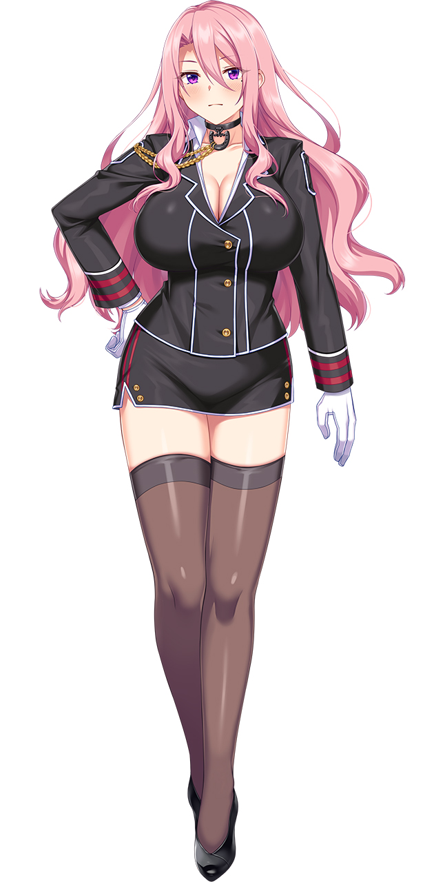 horosuke, choukou (alicesoft), choukou taisen escalation heroines, highres, official art, 1girl, black jacket, black thighhighs, breasts, choker, cleavage, full body, gloves, hand on own hip, jacket, large breasts, long hair, nicole quadriga, pink hair, purple eyes, tachi-e, thighhighs, white gloves