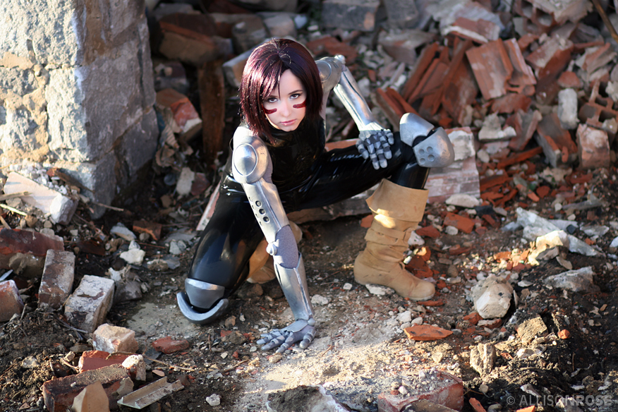 allison rose, alita, battle angel alita, photo (medium), bodysuit, cosplay, kneeling, latex, latex suit, ruins