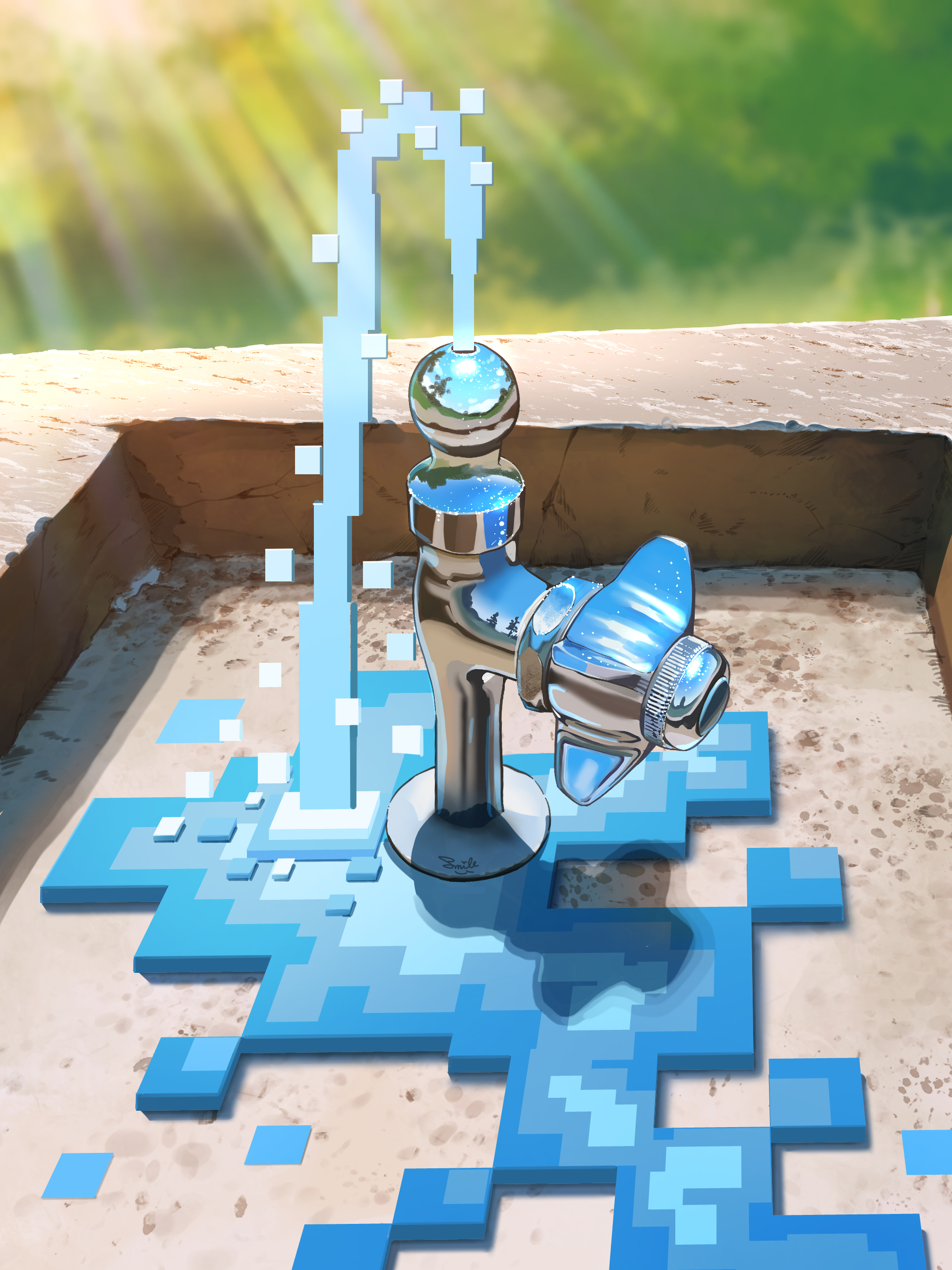 smile (qd4nsvik), original, absurdres, highres, blurry, day, depth of field, faucet, light rays, no humans, outdoors, pixel art, reflection, sink, still life, sunbeam, sunlight, water