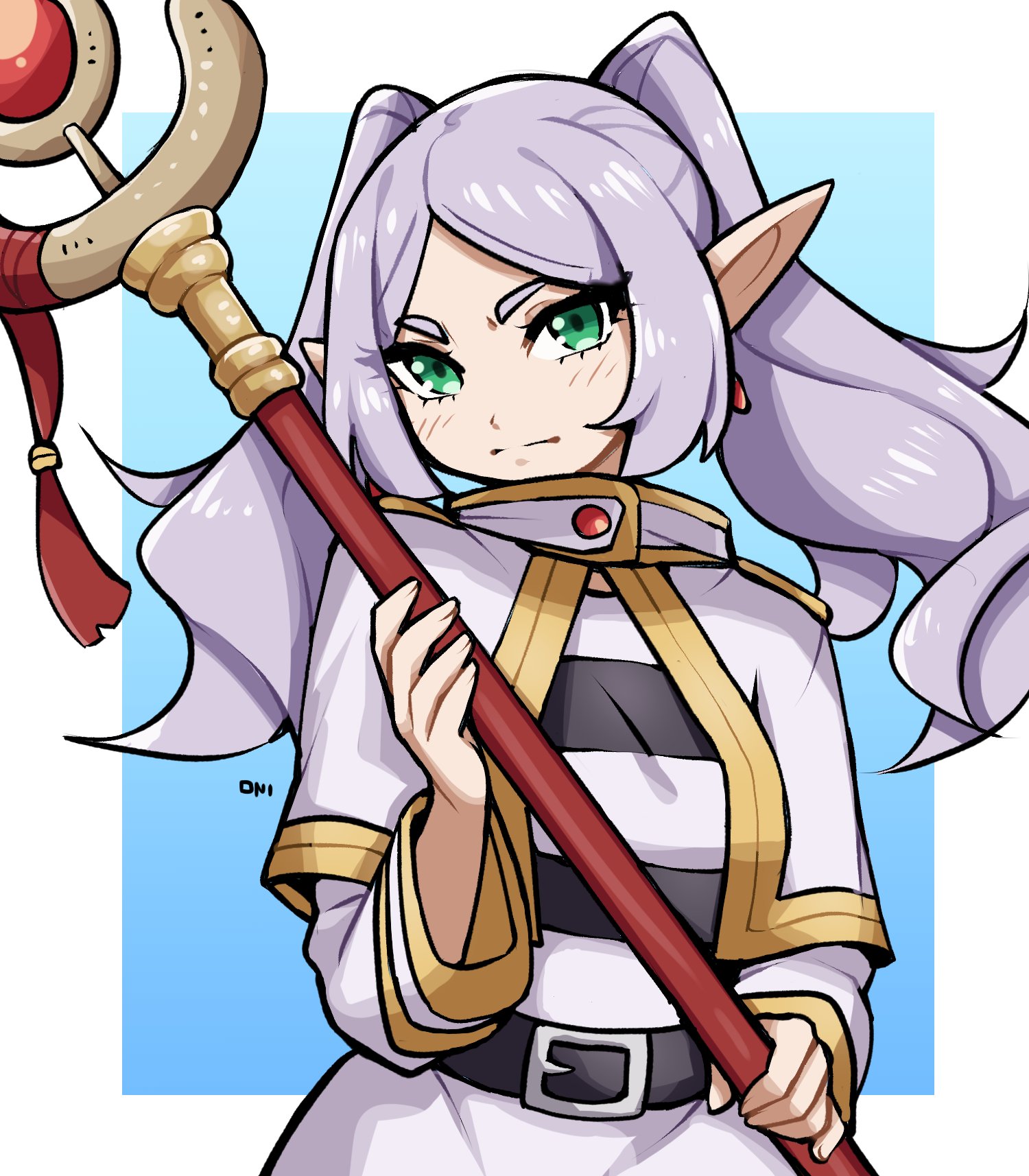 oninuer, frieren, sousou no frieren, commentary, commission, english commentary, highres, vgen commission, 1girl, blue background, border, capelet, closed mouth, dress, earrings, elf, green eyes, grey hair, holding, holding staff, jewelry, long hair, long sleeves, looking at viewer, mage staff, outside border, parted bangs, pointy ears, serious, solo, staff, teardrop earrings, twintails, upper body, white border, white capelet, white dress