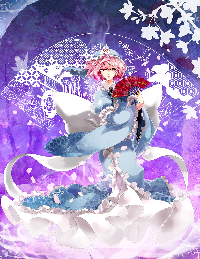 popoin, saigyouji yuyuko, touhou, 1girl, dress, female focus, folding fan, hand fan, hat, holding, holding fan, mob cap, petals, pink eyes, pink hair, plant, solo