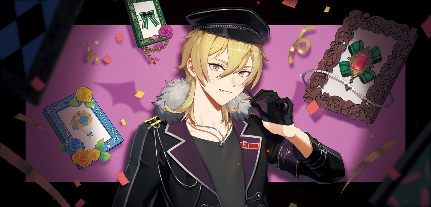 8083 blue, hakaze kaoru, ensemble stars!, commentary, english commentary, 1boy, black border, black gloves, black jacket, black shirt, blonde hair, border, confetti, cross, cross necklace, different shadow, gloves, hair between eyes, hat, headset, holding, jacket, jewelry, looking at viewer, male focus, necklace, peaked cap, picture frame, shirt, solo, upper body