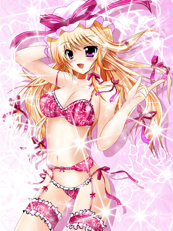 lastlong, yakumo yukari, touhou, 1girl, :d, blonde hair, blush, bow, bra, breasts, female focus, garter belt, garter straps, hair bow, hat, lingerie, multiple hair bows, navel, open mouth, panties, purple eyes, smile, solo, sparkle, underwear