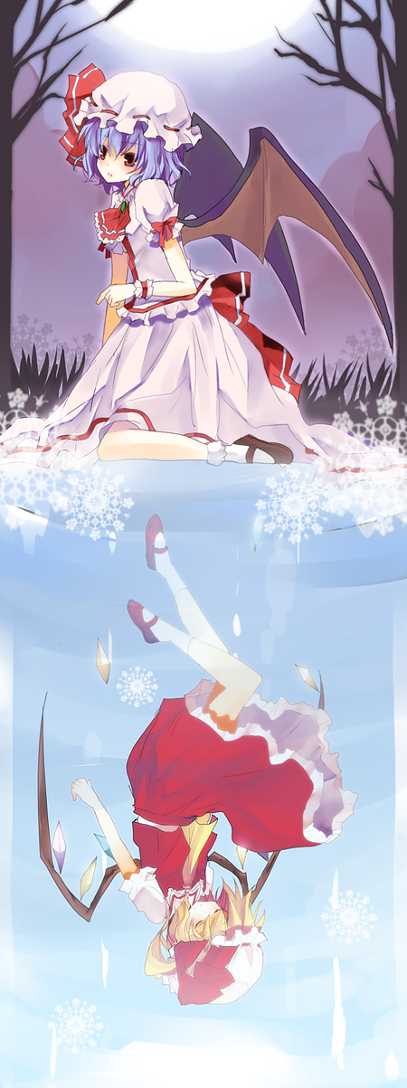 kurot, flandre scarlet, remilia scarlet, touhou, highres, 2girls, bat wings, blonde hair, blue hair, female focus, hat, multiple girls, red eyes, siblings, sisters, wings, wrist cuffs