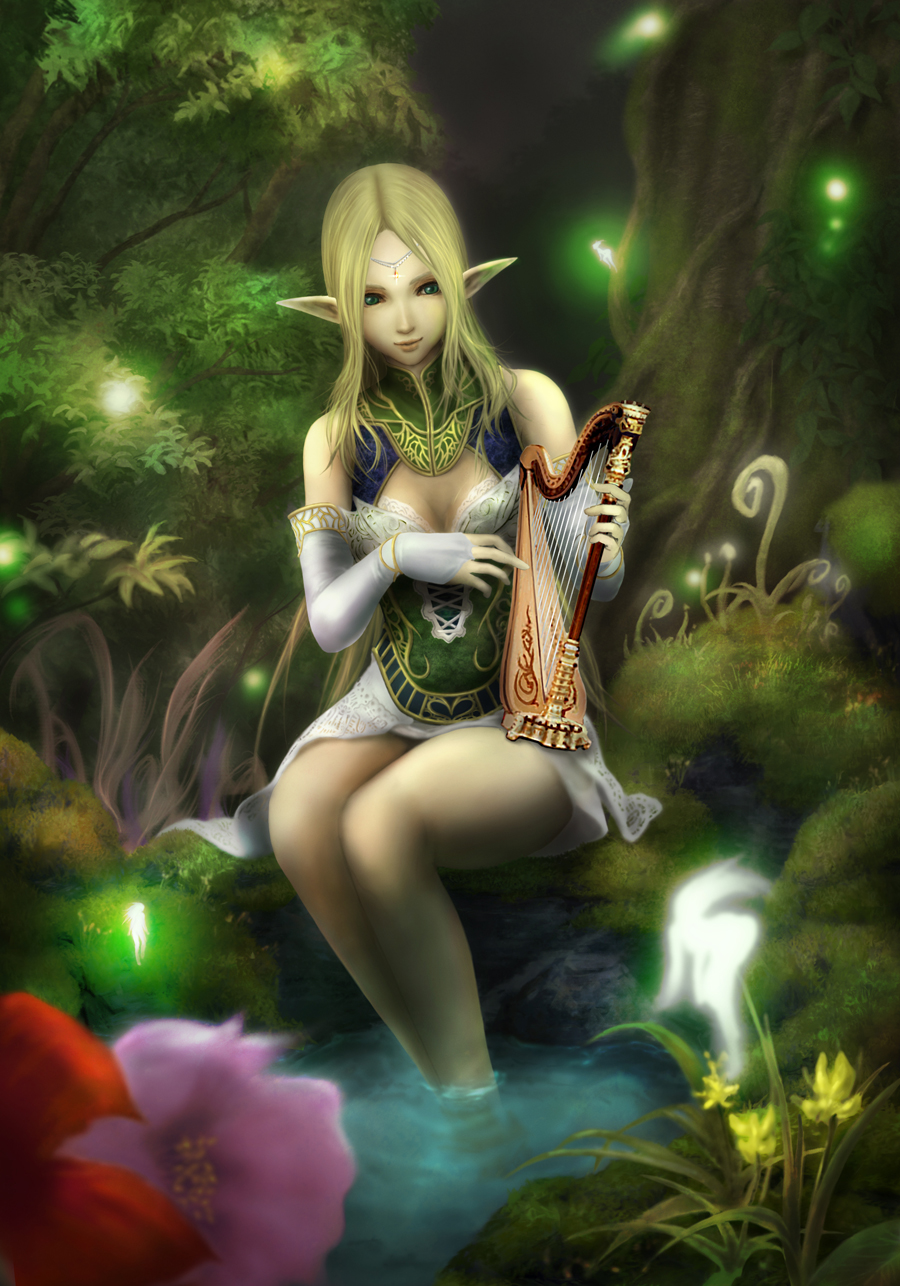 rinzou (dangan), original, bad id, bad pixiv id, highres, blonde hair, elf, forest, green eyes, harp, instrument, legs, lips, nature, pointy ears, solo, water
