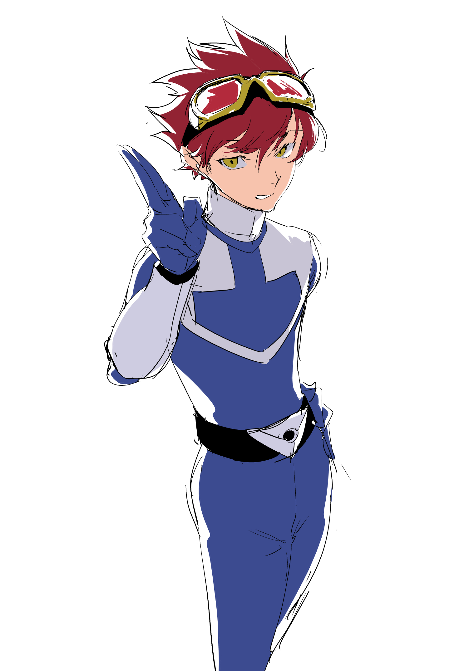 angrynerd c, yuuki dan, digimon, digimon story: time stranger, mirai sentai timeranger, super sentai, highres, 1boy, blue bodysuit, bodysuit, brown hair, cowboy shot, male focus, salute, short hair, simple background, solo, time blue, two-finger salute, white background, yellow eyes