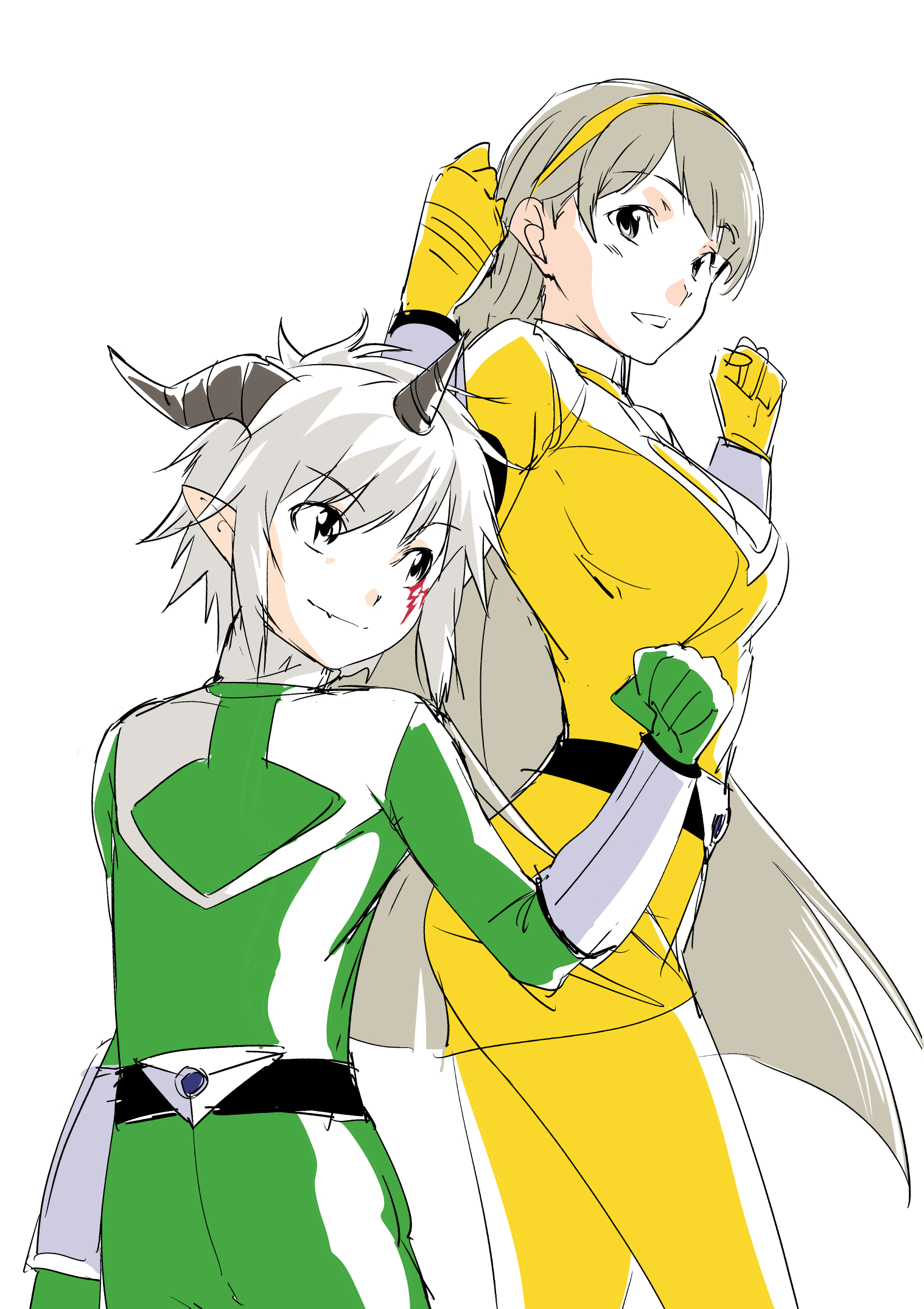 angrynerd c, aegiomon, misono inori, time green, digimon, digimon story: time stranger, mirai sentai timeranger, super sentai, highres, 1boy, 1girl, bodysuit, breasts, clenched hand, cowboy shot, facial mark, green bodysuit, grey hair, horns, large breasts, long hair, pointy ears, short hair, simple background, skirt, time yellow, white background, yellow bodysuit, yellow skirt