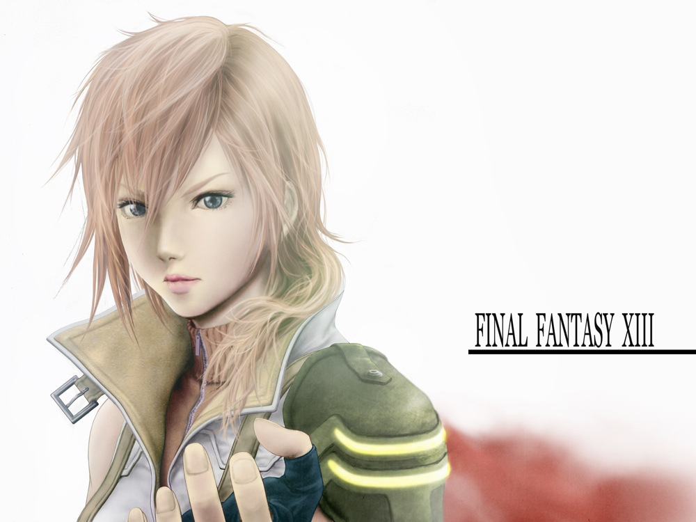 rinzou (dangan), lightning farron, final fantasy, final fantasy xiii, bad id, bad pixiv id, 10s, 1girl, blue eyes, copyright name, female focus, fingerless gloves, gloves, pink hair, solo, white background