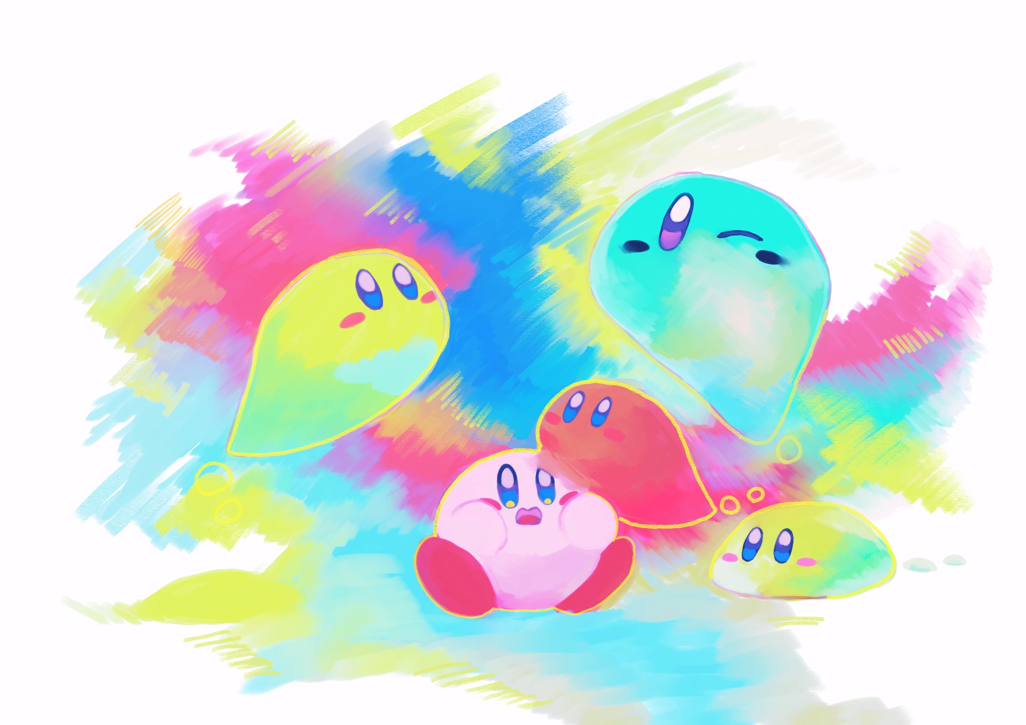 purano7, kirby, kirby (series), nintendo, highres, blue eyes, colored skin, colorful, colorful background, jelly kirby, no humans, one eye closed, open mouth, pink skin, red shoes, shoes, sitting, slime (creature)