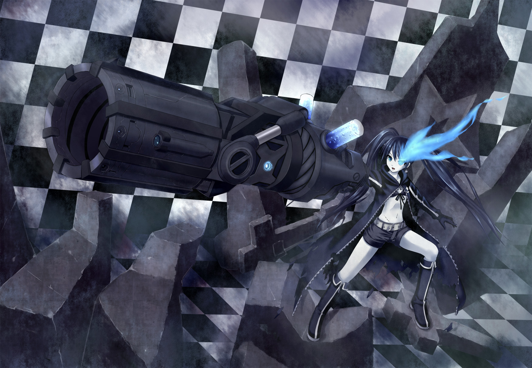 yanphoenix, black rock shooter (character), black rock shooter, highres, 10s, 1girl, arm cannon, belt, bikini, bikini top only, black bikini, black hair, blue eyes, boots, chain, checkered floor, cross, female focus, flat chest, front-tie top, gloves, gun, hood, huge weapon, jacket, knee boots, long hair, midriff, pale skin, scar, shorts, solo, star (symbol), swimsuit, twintails, uneven twintails, very long hair, weapon, zipper