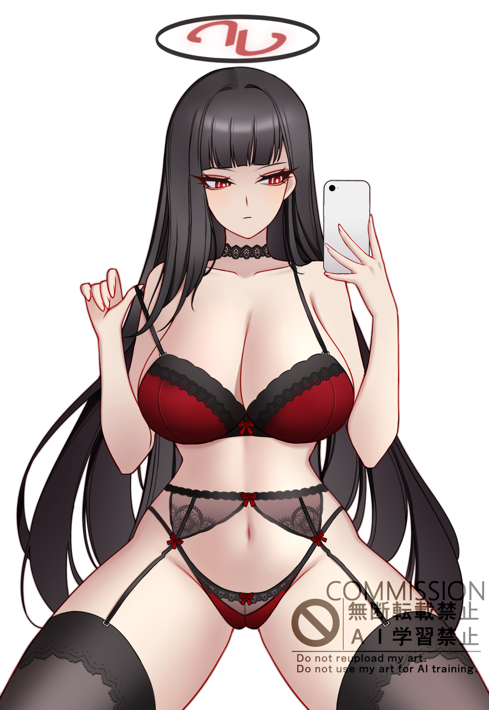 charlie purrito, rio (blue archive), blue archive, commentary, commission, english commentary, highres, 1girl, bare shoulders, black hair, black thighhighs, blunt bangs, bra, breasts, cellphone, choker, cleavage, garter belt, garter straps, halo, holding, holding phone, large breasts, long hair, navel, panties, phone, red bra, red eyes, red panties, ringed eyes, simple background, smartphone, solo, thighhighs, underwear, underwear only, watermark, white background