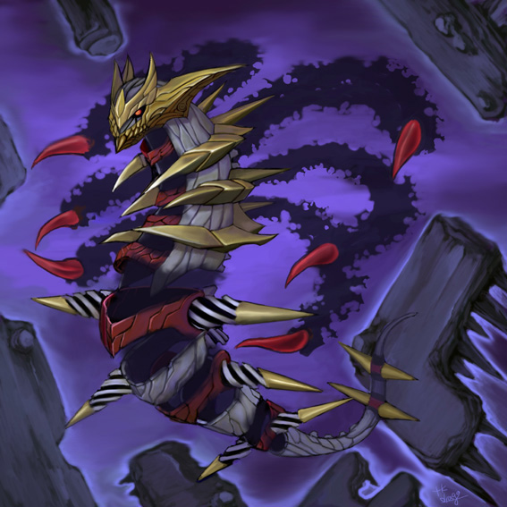 tkdrago, giratina, giratina (origin), nintendo, pokemon, pokemon dppt, 00s, alternate form, black wings, floating, floating object, gen 4 pokemon, in-universe location, legendary pokemon, looking at viewer, no humans, pokemon (creature), purple background, red eyes, simple background, solo, wings