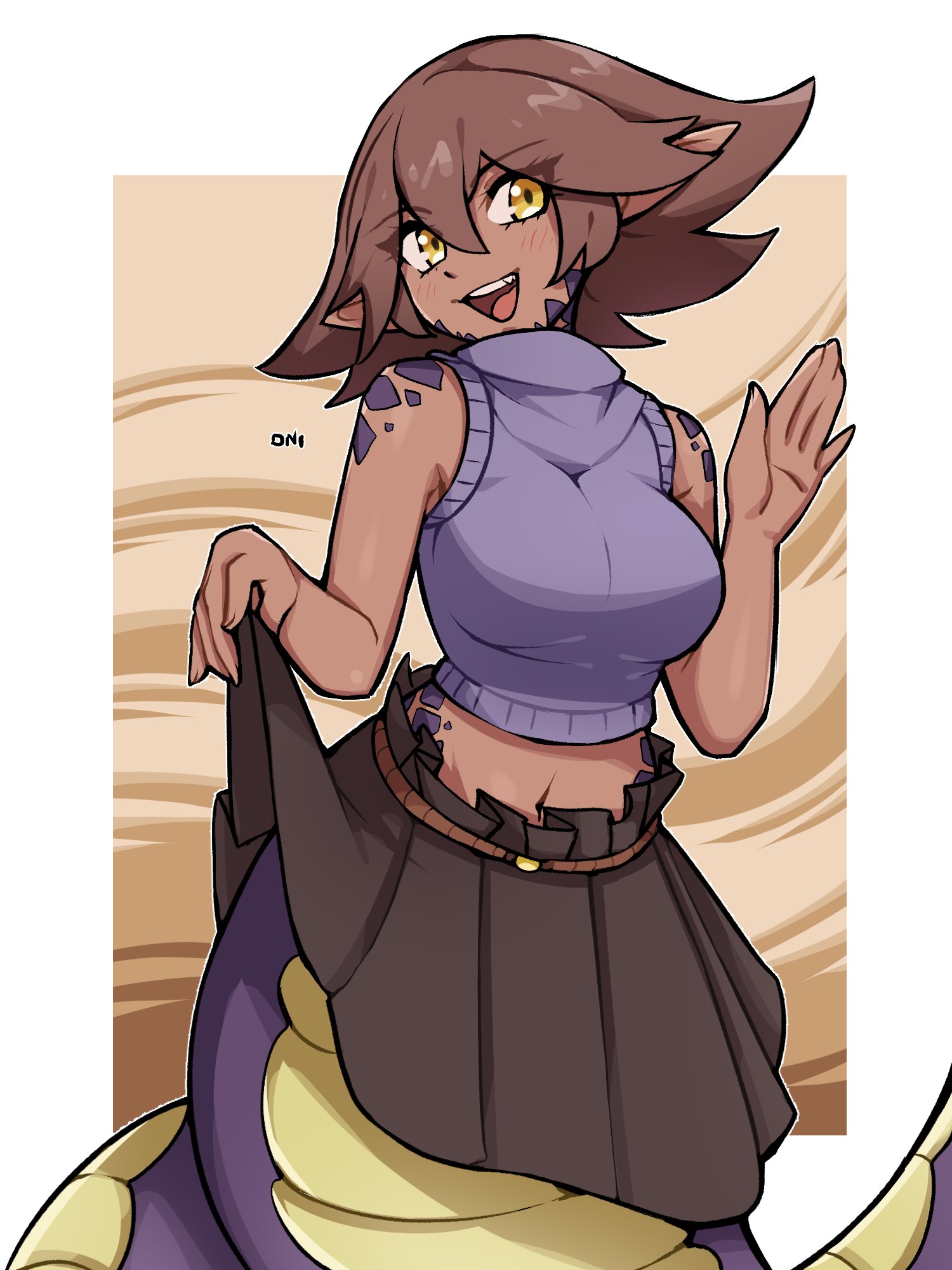 oninuer, original, commentary, commission, english commentary, highres, 1girl, bare arms, black skirt, border, breasts, brown hair, cowboy shot, cropped shirt, dark-skinned female, dark skin, double-parted bangs, hair between eyes, hand up, lamia, large breasts, looking at viewer, midriff, monster girl, open mouth, outside border, pointy ears, purple shirt, scales, shirt, short hair, skirt, skirt hold, sleeveless, sleeveless shirt, smile, solo, tail, white border, yellow eyes