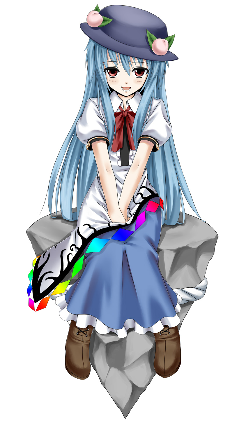 yanphoenix, hinanawi tenshi, touhou, highres, 1girl, female focus, food, fruit, full body, hat, peach, simple background, sitting, solo, white background