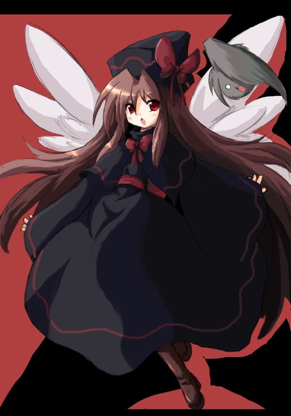 oyavun, vu (oyavun), kedama (touhou), lily black, lily white, touhou, 1girl, boots, bow, bowtie, brown hair, dress, fairy, female focus, hat, long hair, red eyes, solo, wings