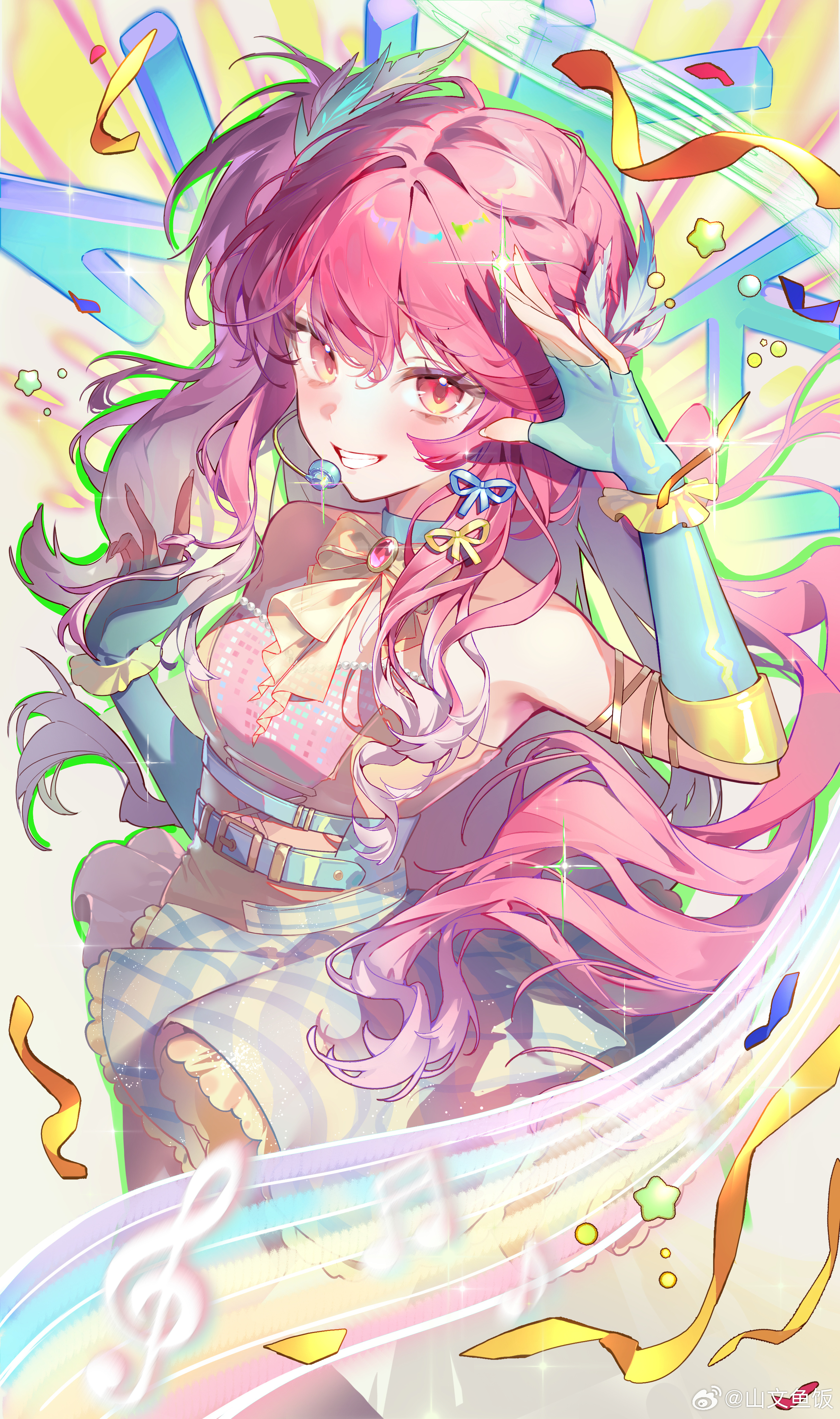 shanwenyufan, nikki (nikki), infinity nikki, nikki (series), absurdres, chinese commentary, commentary request, highres, 1girl, arm ribbon, bare shoulders, belt, belt buckle, blue belt, blue choker, blue gloves, blue ribbon, blue skirt, bow, bowtie, braid, brooch, brown eyes, buckle, choker, circle skirt, confetti, dot nose, explosion, eyelashes, feather hair ornament, feathers, feet out of frame, fingerless gloves, floating clothes, floating hair, frilled gloves, frilled skirt, frills, gloves, grey background, grin, hair between eyes, hair ornament, hair ribbon, halter shirt, halterneck, hand on own head, happy, headset, high belt, idol, jewelry, light blush, long hair, looking at viewer, midriff, miniskirt, musical staff, official alternate color, one side up, pink hair, pink shirt, plaid clothes, plaid skirt, pleated skirt, rainbow, ribbon, shirt, sidelocks, single braid, skirt, smile, solo, sparkle, star (symbol), starry nocturne (infinity nikki), treble clef, very long hair, watermark, wavy hair, weibo watermark, yellow bow, yellow bowtie, yellow ribbon