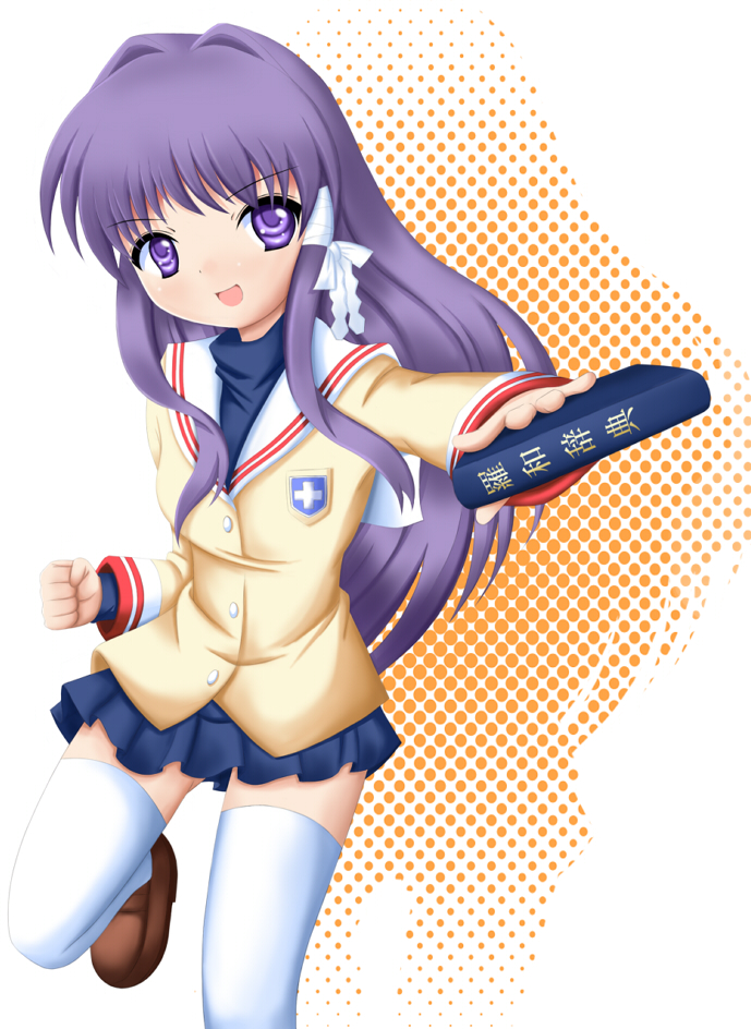 fujieda hiro, fujibayashi kyou, clannad, 00s, book, long hair, open mouth, purple eyes, purple hair, school uniform, solo, thighhighs
