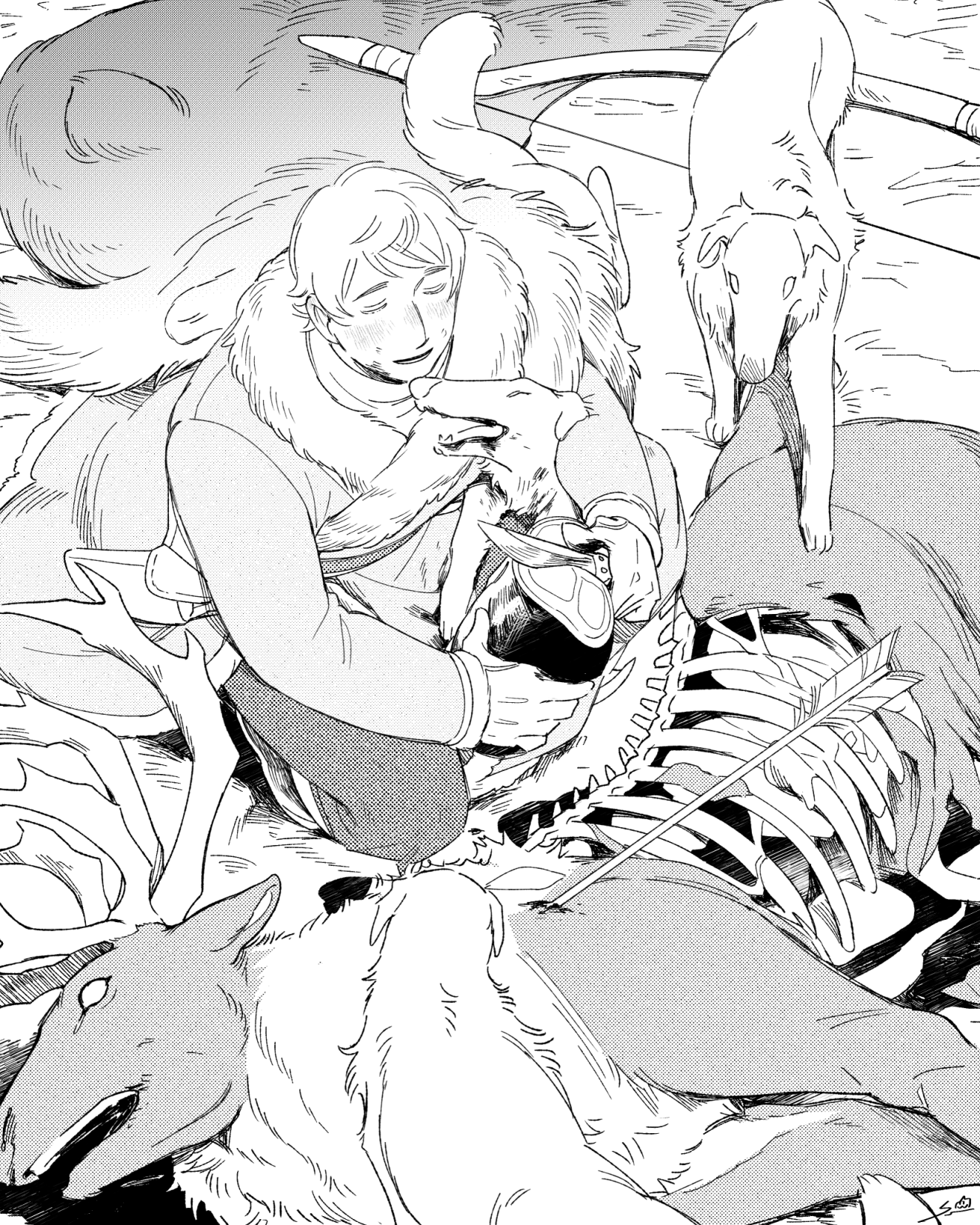 qia li, russia (hetalia), axis powers hetalia, commentary request, highres, 1boy, animal, animal ears, animal nose, antlers, arrow (projectile), artist name, blood, blood on face, blood on ground, blood on hands, blush, bone, boots, borzoi, bow (weapon), cape, closed eyes, coat, cutting, dead animal, deer, deer antlers, deer ears, deer tail, dog, dog ears, dog tail, fangs, food, fur-trimmed cape, fur trim, greyscale, holding, holding food, holding knife, horns, knife, meat, monochrome, open mouth, pants, raw meat, scarf, seiza, short hair, sitting, smile, sweater, tail, teeth, turtleneck, turtleneck sweater, weapon