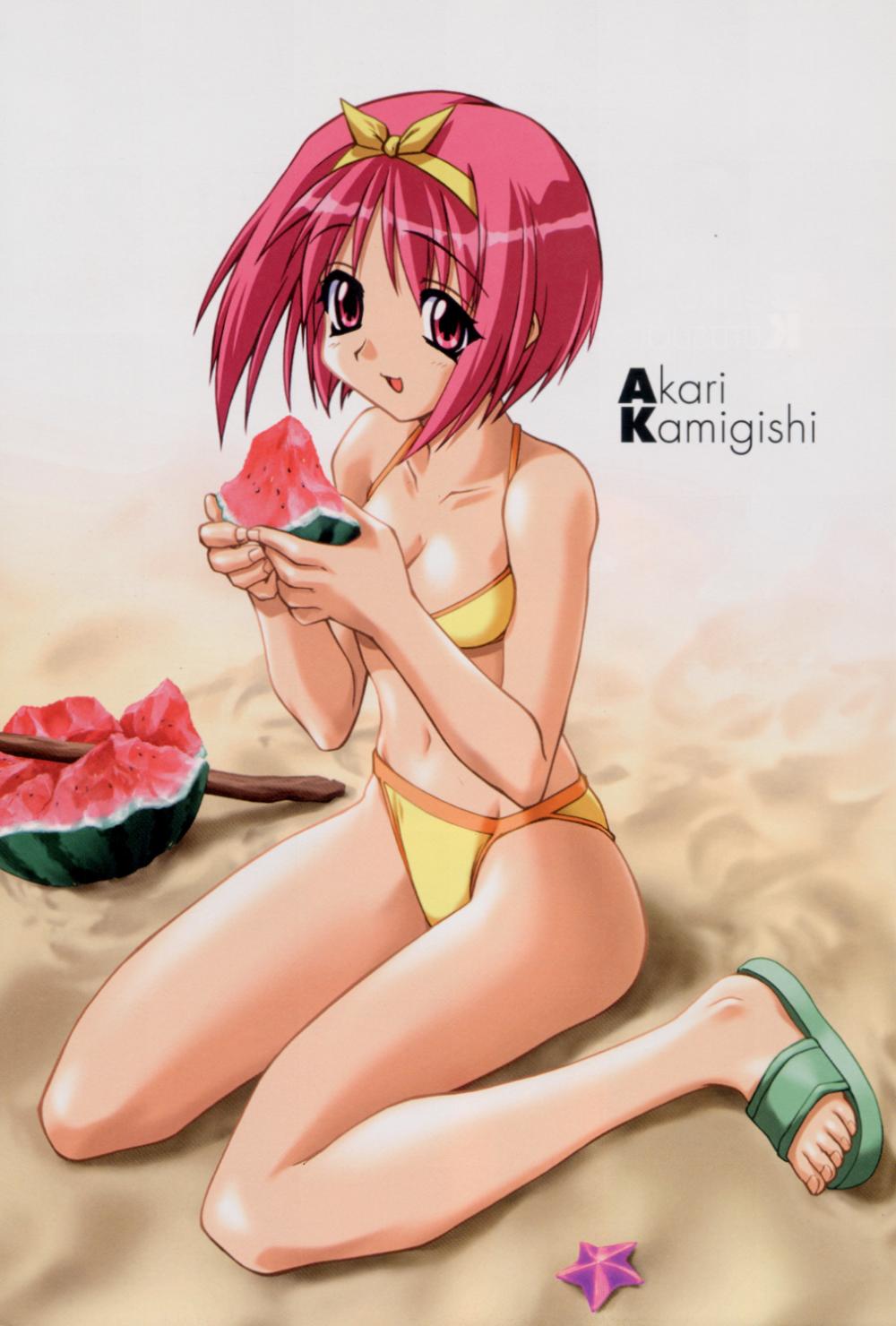 kamigishi akari, to heart, to heart (series), highres, 1girl, beach, bikini, bow, female focus, food, fruit, holding, holding food, holding fruit, holding watermelon, red eyes, red hair, sandals, solo, swimsuit, toes, watermelon, yellow bikini