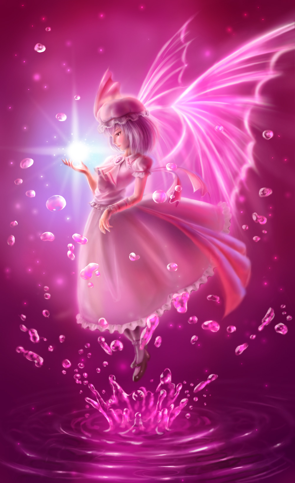 poo (saku), saku (saku9595), remilia scarlet, touhou, highres, 1girl, bat wings, female focus, full body, gradient background, hat, purple hair, short hair, skirt, solo, water, wings