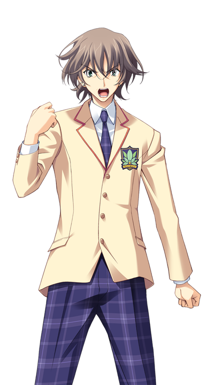 matsuo yukihiro, chaos;head, science adventure, game cg, official art, 1boy, angry, blazer, brown hair, brown jacket, clenched hand, collared shirt, cowboy shot, dress shirt, earrings, furious, green eyes, jacket, jewelry, lapels, looking at viewer, male focus, misumi daisuke, necktie, notched lapels, open mouth, pants, plaid clothes, plaid necktie, plaid pants, purple necktie, purple pants, raised fist, red trim, school emblem, school uniform, shirt, short hair, simple background, smile, solo, sprite, standing, suimei academy school uniform, teeth, tongue, transparent background, white shirt