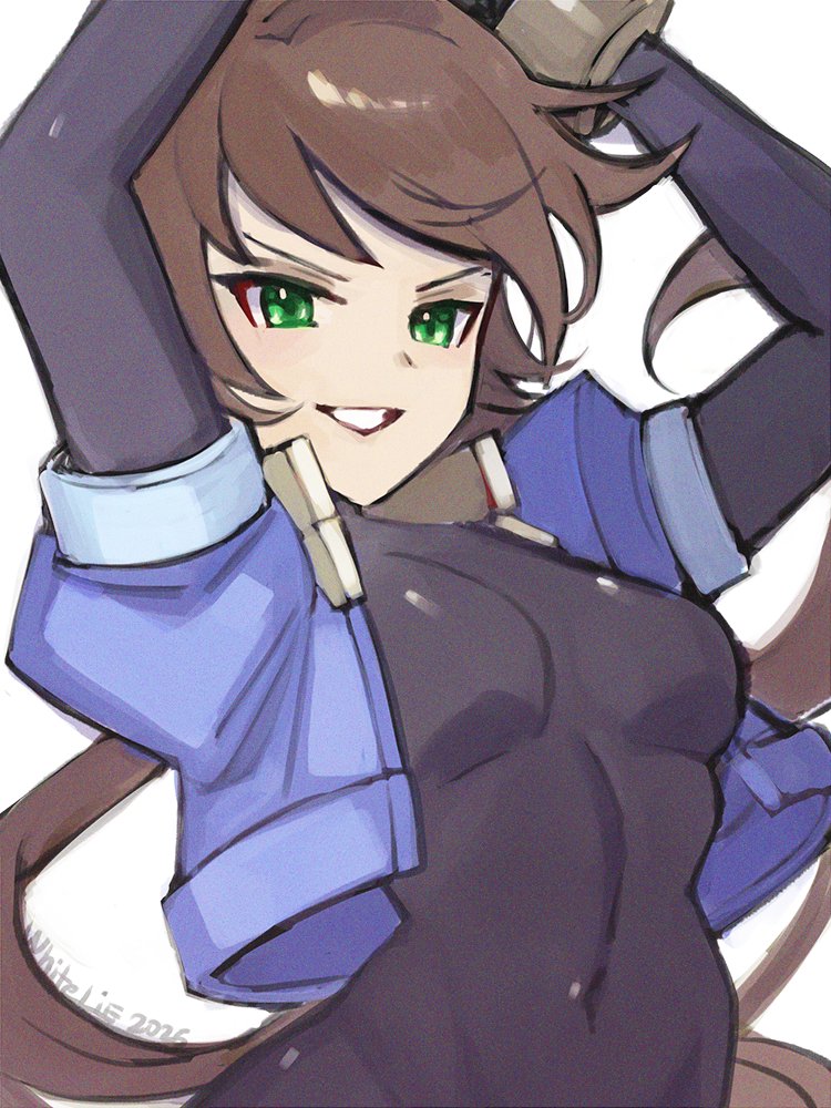 whiteabsol, aile (mega man zx), mega man (series), mega man zx, mega man zx advent, 1girl, arms up, black bodysuit, blue jacket, bodysuit, breasts, brown hair, cropped jacket, green eyes, jacket, long hair, medium breasts, parted lips, ponytail, simple background, smile, solo, upper body, white background