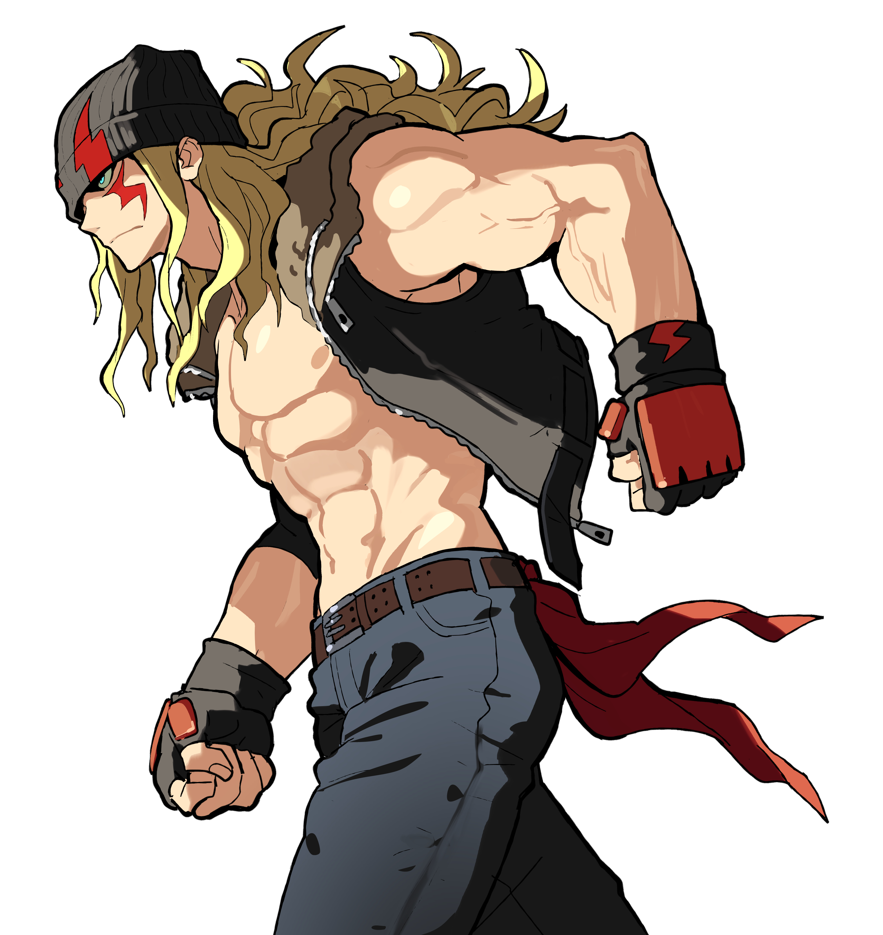 sach56000, alex (street fighter), street fighter, street fighter 6, absurdres, highres, 1boy, abs, bare pectorals, bare shoulders, beanie, belt, belt buckle, black gloves, black jacket, blonde hair, blue eyes, brown belt, brown fur, buckle, clenched hands, closed mouth, cowboy shot, denim, facial mark, fingerless gloves, frown, fur-trimmed jacket, fur trim, gloves, groin, hat, jacket, jeans, lightning bolt facial mark, lightning bolt symbol, long hair, male focus, navel, nipples, no shirt, open clothes, open jacket, pants, pectorals, profile, simple background, solo, studded belt, unzipped, veins, veiny arms, walking, white background, zipper pull tab