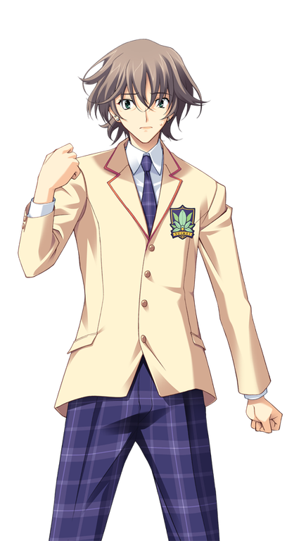 matsuo yukihiro, chaos;head, science adventure, game cg, official art, 1boy, blazer, brown hair, brown jacket, clenched hand, collared shirt, cowboy shot, dress shirt, earrings, green eyes, jacket, jewelry, lapels, looking at viewer, male focus, misumi daisuke, necktie, nervous sweating, notched lapels, pants, plaid clothes, plaid necktie, plaid pants, purple necktie, purple pants, raised fist, red trim, school emblem, school uniform, shirt, short hair, simple background, smile, solo, sprite, standing, suimei academy school uniform, sweat, sweatdrop, transparent background, white shirt, worried