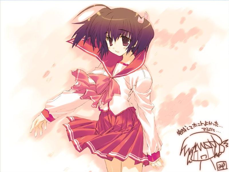 mitsumi misato, komaki manaka, yuzuhara konomi, to heart (series), to heart 2, jpeg artifacts, 00s, 2girls, :d, = =, ahoge, black hair, blush, bow, brown hair, chibi, closed eyes, folded ponytail, from side, hair between eyes, hair ornament, hair ribbon, hairclip, happy, long sleeves, looking at viewer, multiple girls, open mouth, outdoors, outstretched arm, pleated skirt, purple eyes, red skirt, ribbon, school uniform, serafuku, short hair, short twintails, skirt, sleeves past wrists, smile, tears, twintails, wind, wind lift