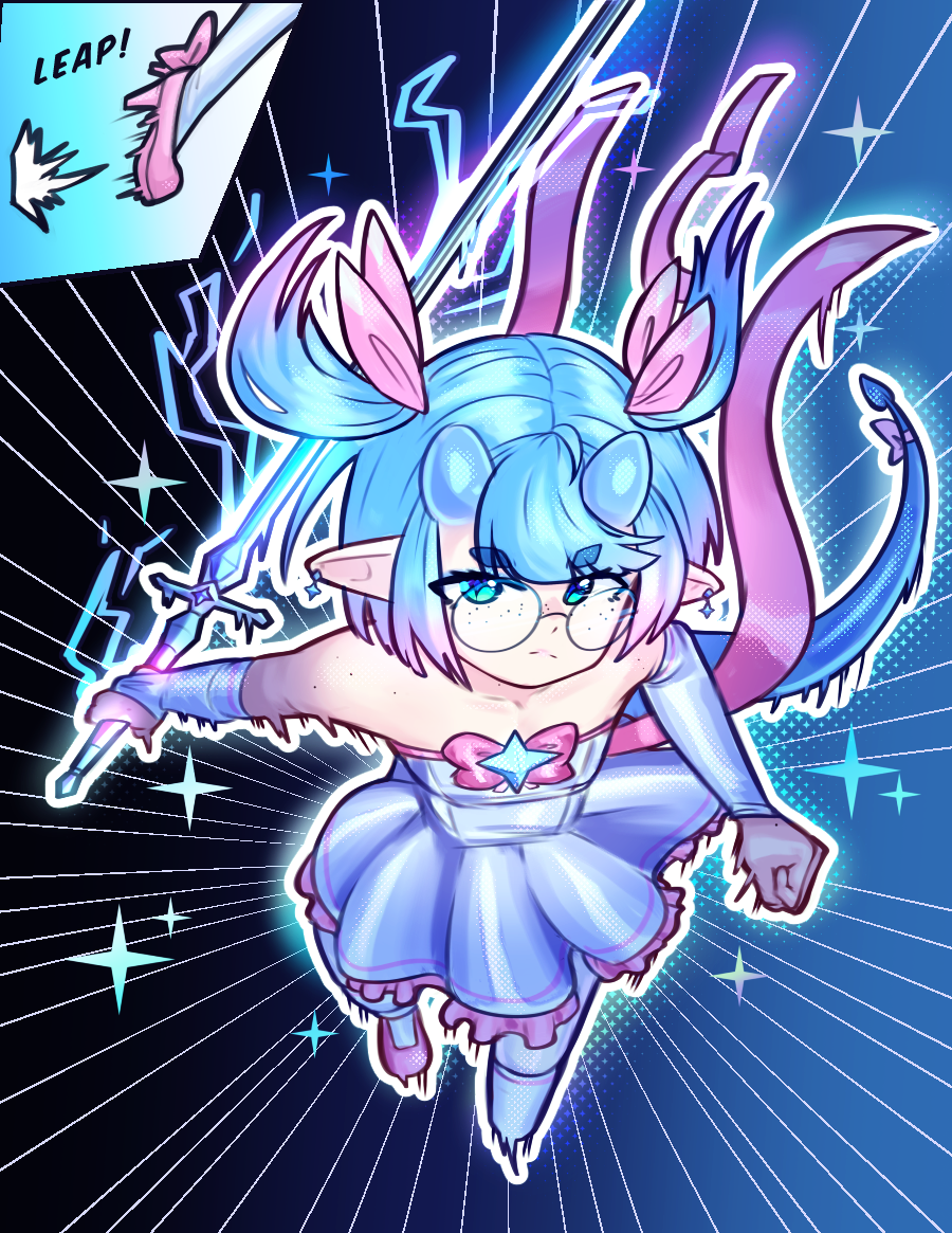 dawnfire, ely (dawnfire), original, art study, commentary, english commentary, aqua eyes, aqua hair, clenched hand, closed mouth, colored tips, demon girl, dress, emphasis lines, eyelashes, freckles, glasses, hair ribbon, holding, holding sword, holding weapon, horns, jumping, magical girl, motion blur, multicolored hair, outline, pink hair, pink ribbon, ribbon, round eyewear, short twintails, sound effects, sparkle, split mouth, sword, tail, twintails, weapon, white dress, white outline