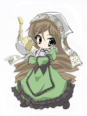 fthgn338, suiseiseki, rozen maiden, lowres, 00s, brown hair, dress, headscarf, heterochromia, long hair, solo, watering can, white headscarf