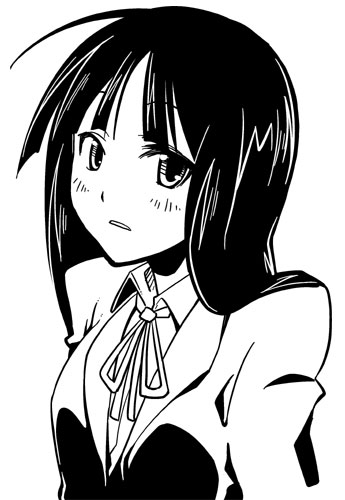 kaeru kenshi, akiyama mio, k-on!, lowres, 00s, 1girl, blunt bangs, female focus, greyscale, hime cut, monochrome, school uniform, solo