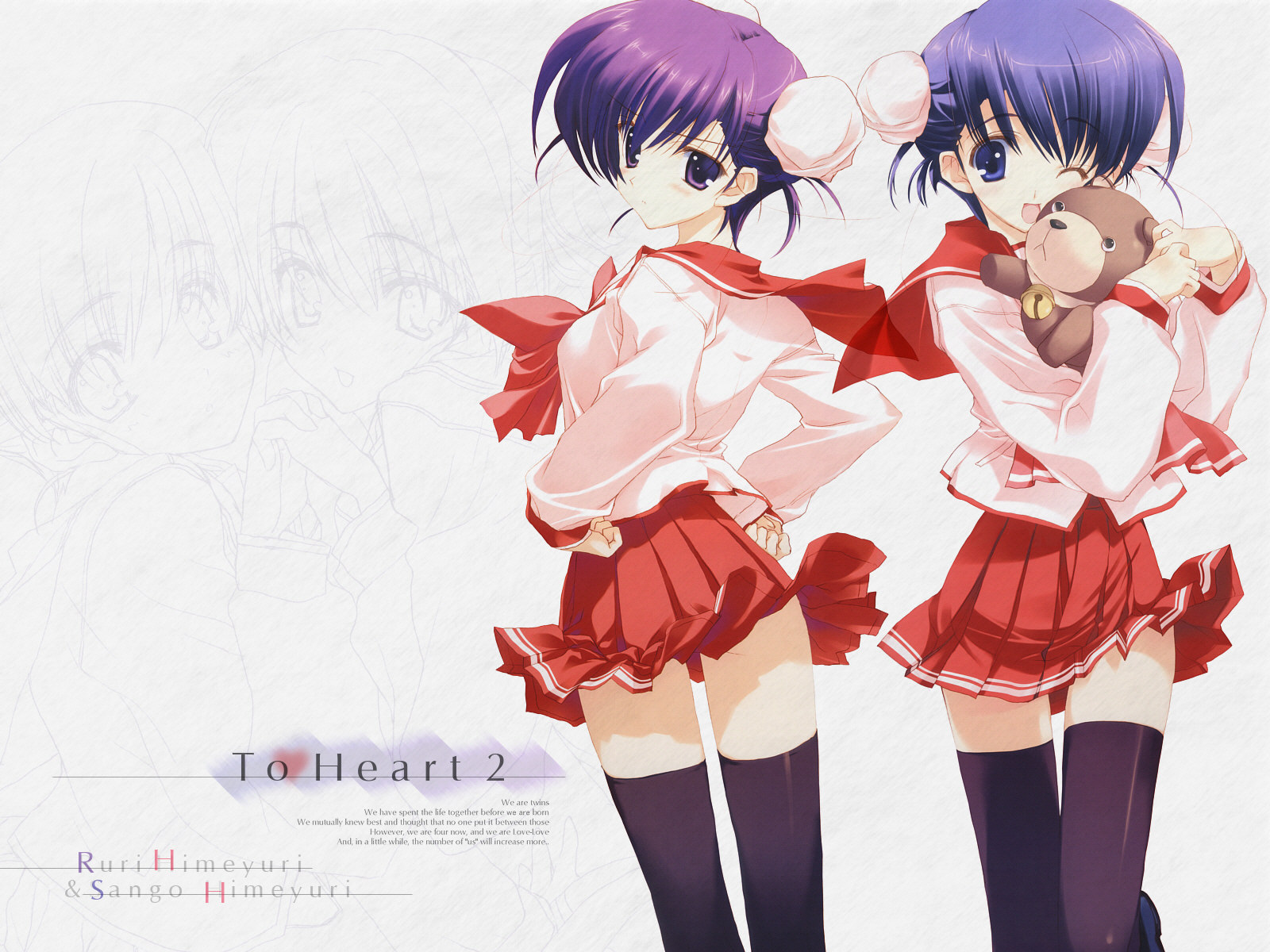 nakamura takeshi, himeyuri ruri, himeyuri sango, to heart (series), to heart 2, highres, 00s, 2girls, blue eyes, blue hair, bun cover, double bun, hair bun, multiple girls, purple eyes, purple hair, school uniform, thighhighs