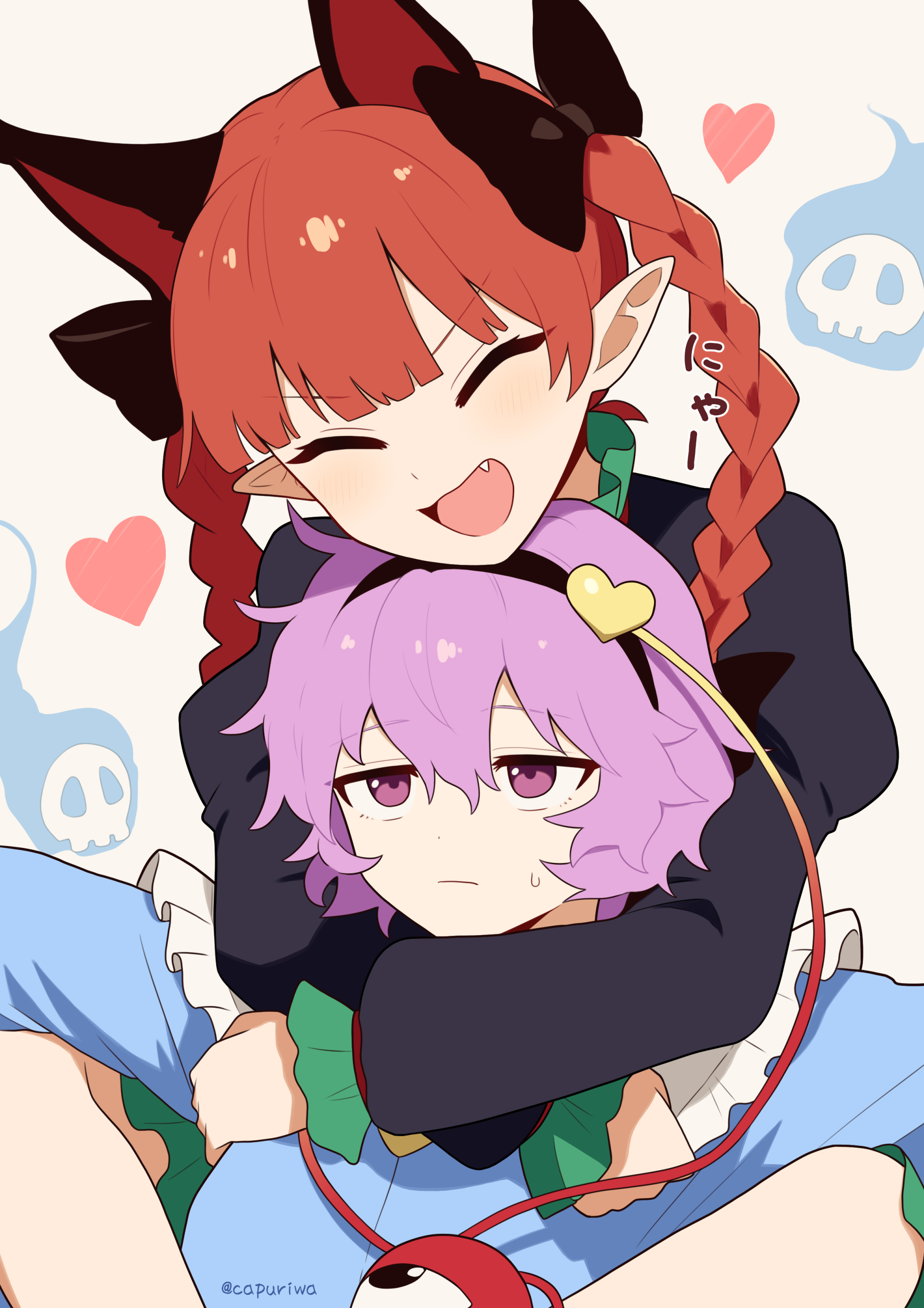 kapuri (capuriwa), kaenbyou rin, komeiji satori, touhou, absurdres, commentary request, highres, translation request, 2girls, animal ears, black hairband, blue shirt, blush, bow, braid, buttons, cat ears, closed eyes, closed mouth, dress, extra ears, eyeball, fang, fire, flaming skull, floating skull, frilled shirt collar, frills, green dress, hair bow, hairband, heart, heart button, hug, hug from behind, long hair, long sleeves, multiple girls, open mouth, pink hair, pointy ears, purple eyes, red hair, shirt, simple background, skull, smile, sweatdrop, third eye, twin braids, twitter username