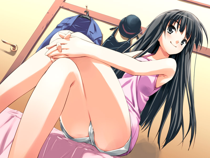 hoshizaki hikaru, akiyama mio, k-on!, 00s, 1girl, black hair, blunt bangs, camisole, crossed legs, female focus, foreshortening, hime cut, indoors, long hair, short shorts, shorts, sitting, smile, solo