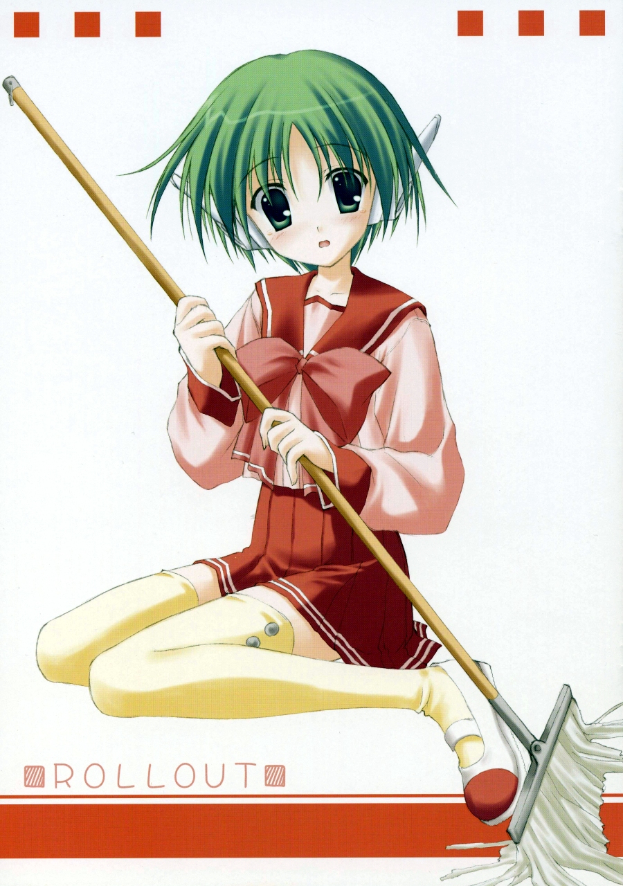 nanao naru, multi (to heart), to heart, to heart (series), highres, blouse, bow, bowtie, broom, embarrassed, english text, from side, full body, green eyes, green hair, head tilt, knees together feet apart, miniskirt, parted bangs, pink bow, pink bowtie, pink shirt, robot ears, school uniform, serafuku, shirt, shoes, short hair, simple background, sitting, skirt, solo, surprised, thighhighs, uwabaki, white background, white shoes, yellow thighhighs