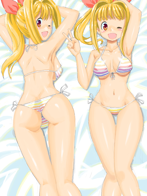 marin (marine-sky-earth), zouzou, marin (umi monogatari), umi monogatari, 00s, 2girls, bare shoulders, bikini, blonde hair, brown eyes, dual persona, front-tie top, hip focus, lying, multiple girls, one eye closed, open mouth, ponytail, side-tie bikini bottom, string bikini, striped bikini, striped clothes, swimsuit, thigh gap, thighs, thong bikini, v, wide hips, wink