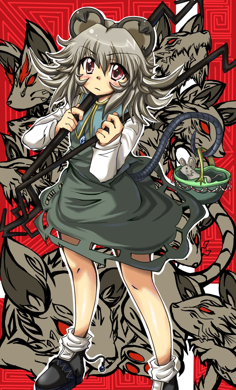 kusanagi mikoto (artist), moeesi, nazrin, touhou, highres, 1girl, animal ears, basket, female focus, grey hair, jewelry, mouse (animal), mouse ears, mouse tail, pendant, red eyes, short hair, solo, standing, tail