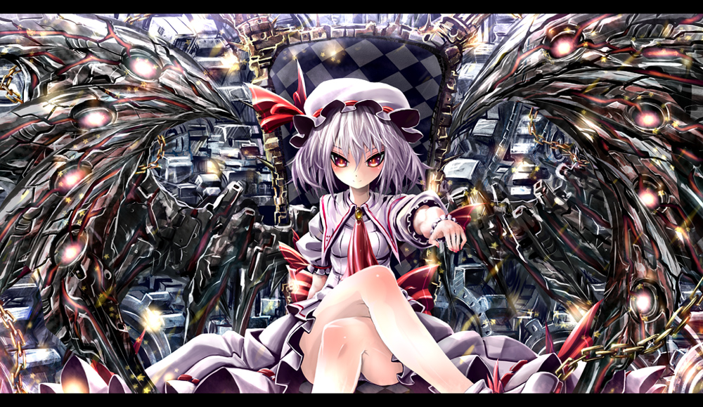 kabutoyama, remilia scarlet, touhou, 1girl, chain, crossed legs, female focus, gears, legs, letterboxed, machine, purple hair, red eyes, sitting, solo, throne, wings
