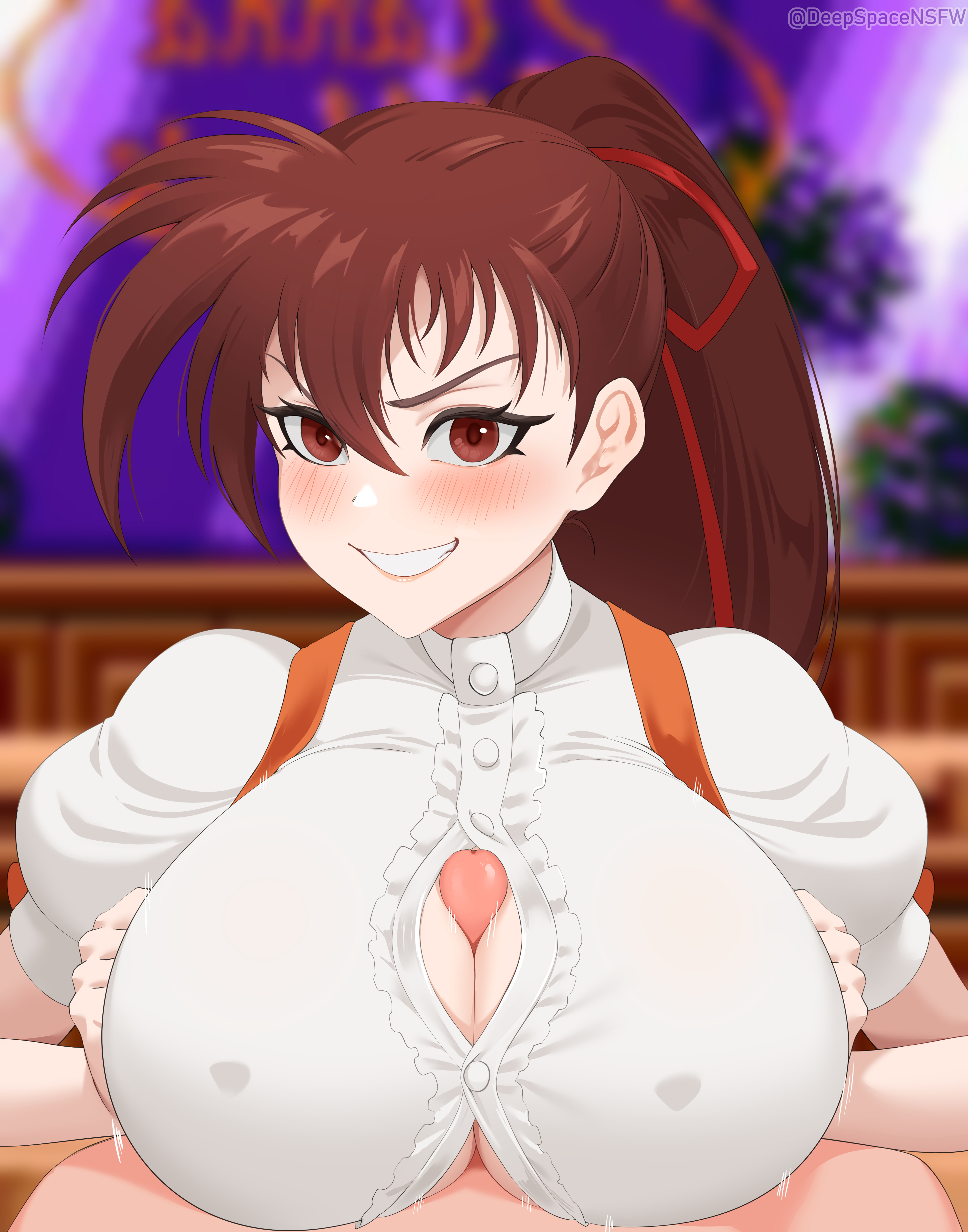 deepspace, takeuchi yuka, variable geo, absurdres, commission, commissioner upload, highres, 1boy, 1girl, blouse, breasts, brown eyes, brown hair, button gap, buttons, covered erect nipples, hair ribbon, indoors, large breasts, looking at viewer, paizuri, paizuri under clothes, penis, pov, red ribbon, restaurant, ribbon, shirt, short sleeves, smile, waitress, waitress uniform, white shirt