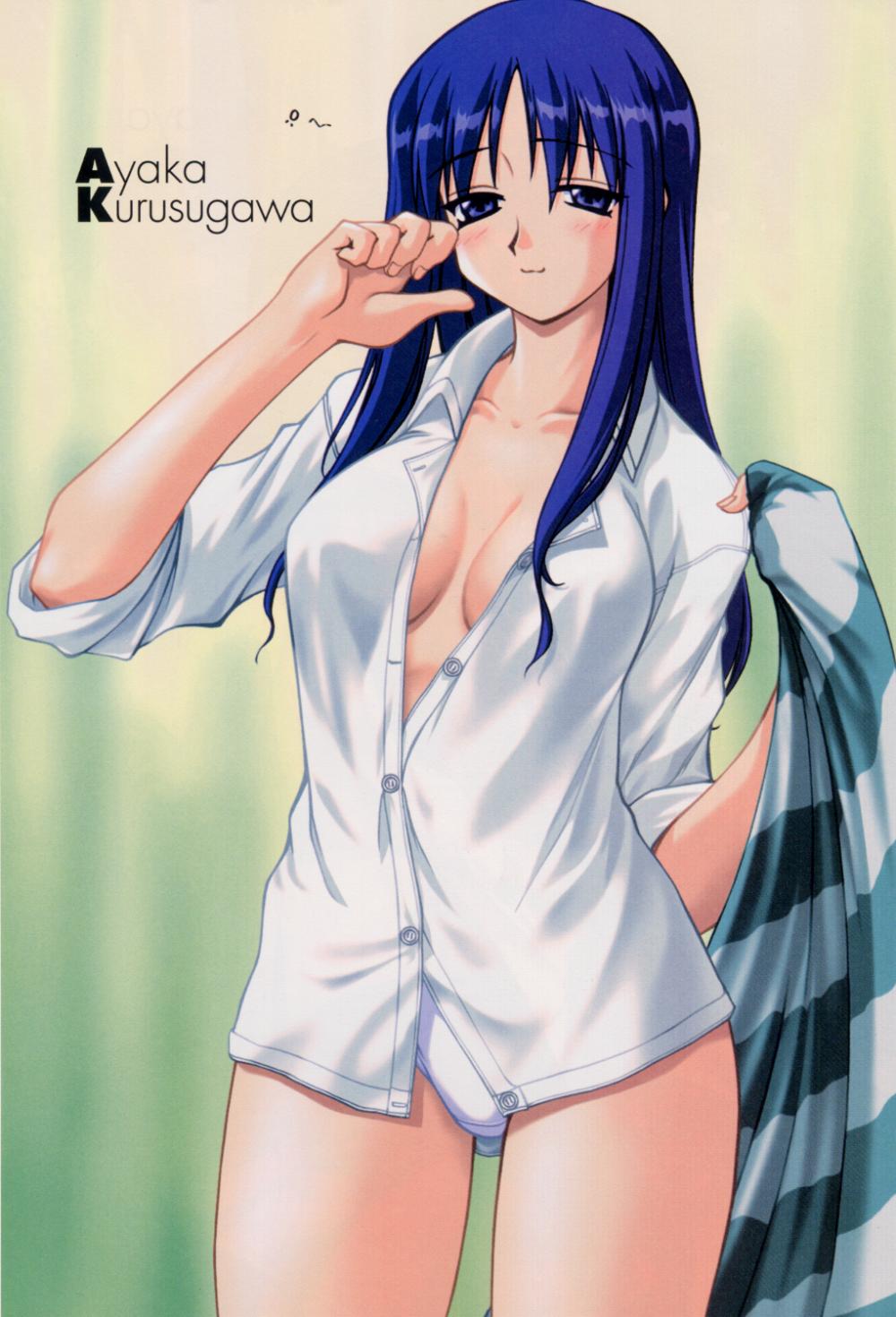 kurusugawa ayaka, to heart, to heart (series), highres, 1girl, blue eyes, blue hair, blush, bottomless, breasts, cleavage, dress shirt, female focus, matching hair/eyes, shirt, sleeves rolled up, solo