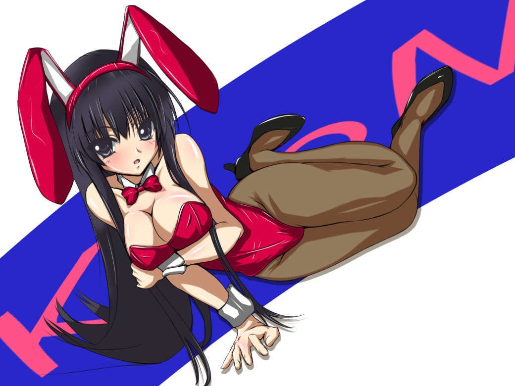 benibana, akiyama mio, k-on!, bad id, bad pixiv id, jpeg artifacts, 00s, 1girl, animal ears, black eyes, black hair, blunt bangs, breasts, cleavage, fake animal ears, female focus, high heels, hime cut, large breasts, long hair, lying, on side, pantyhose, playboy bunny, rabbit ears, shoes, solo