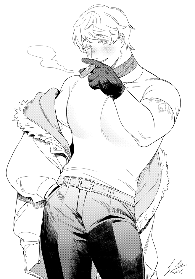 qia li, russia (hetalia), axis powers hetalia, chinese commentary, commentary request, 1boy, 2025, arm tattoo, bandaged neck, bandages, belt, between fingers, blush, cigar, cowboy shot, fur-trimmed jacket, fur trim, gloves, greyscale, half-closed eyes, hand in pocket, hand up, holding, holding cigar, jacket, large pectorals, leather, leather gloves, long sleeves, looking at viewer, male focus, monochrome, muscular, muscular male, official alternate costume, open clothes, open jacket, pants, pectorals, puffy long sleeves, puffy sleeves, shirt, short hair, short sleeves, signature, simple background, smile, smoke, smoking, solo, standing, t-shirt, tattoo, teeth