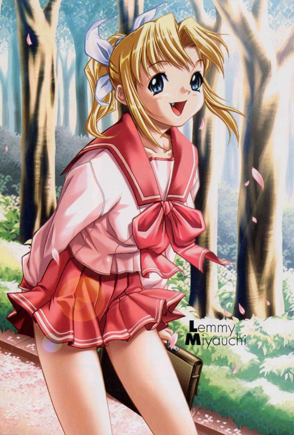miyauchi lemmy, to heart, to heart (series), highres, blonde hair, blue eyes, fang, ponytail, school uniform, smile, solo