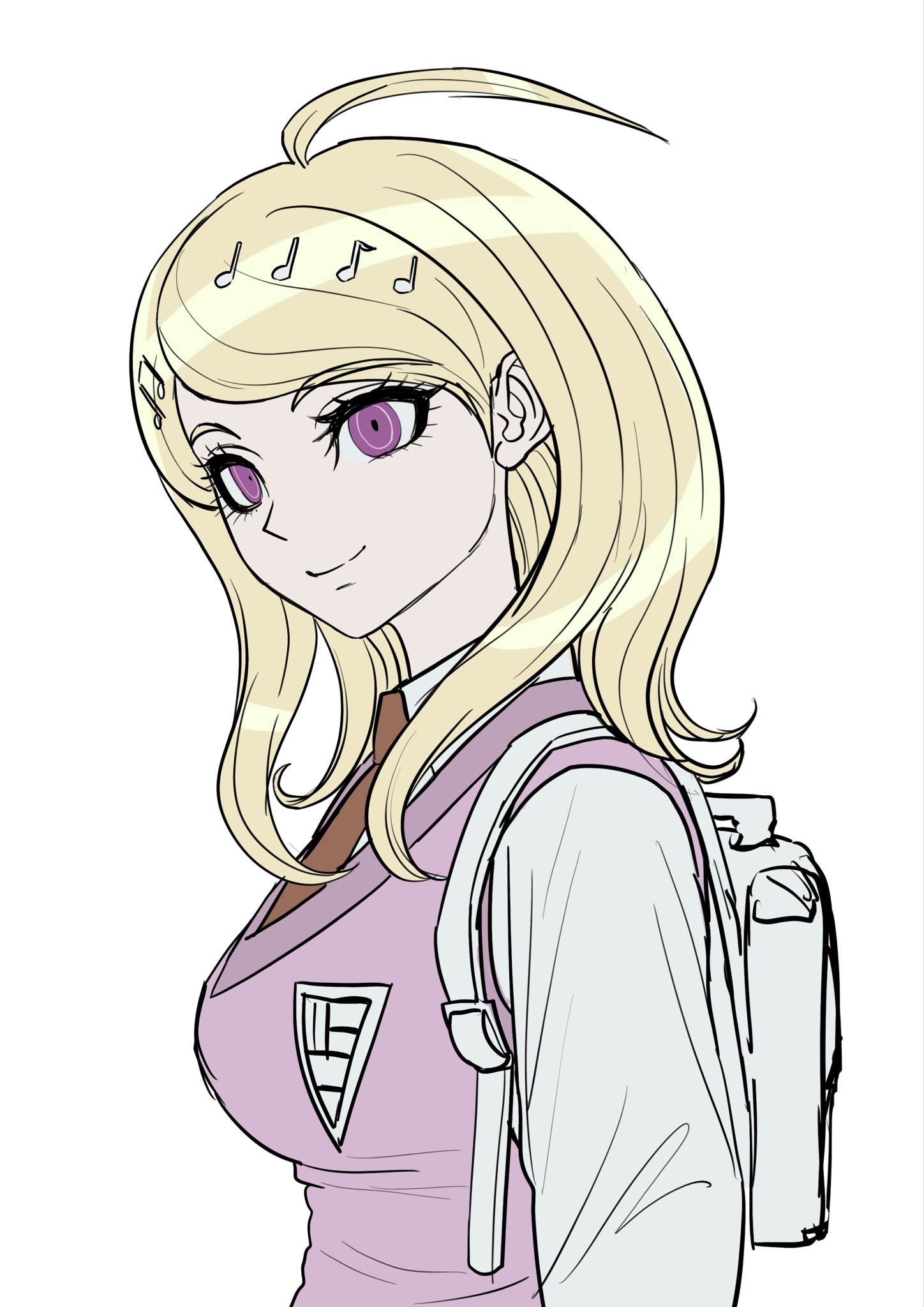 uranagi (uranaginasi), akamatsu kaede, danganronpa (series), danganronpa v3: killing harmony, highres, 1girl, ahoge, backpack, bag, blonde hair, breasts, brown necktie, fortissimo, hair ornament, large breasts, long hair, long sleeves, looking at viewer, looking to the side, musical note, musical note hair ornament, necktie, pink eyes, pink sweater vest, shirt, simple background, solo, sweater vest, white background, white bag, white shirt