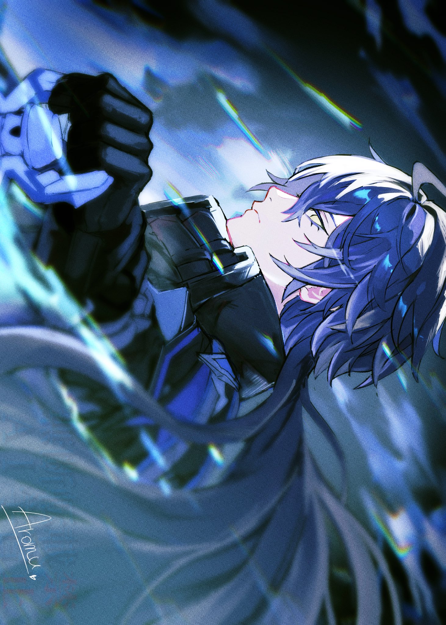 aromuromu66, flins (genshin impact), genshin impact, commentary request, highres, 1boy, ahoge, black gloves, black jacket, closed mouth, collared jacket, empty eyes, eyelashes, frown, gloves, holding, holding lantern, jacket, lantern, long hair, long sleeves, looking back, male focus, parted hair, profile, signature, sleeve cuffs, solo, very long hair, yellow eyes