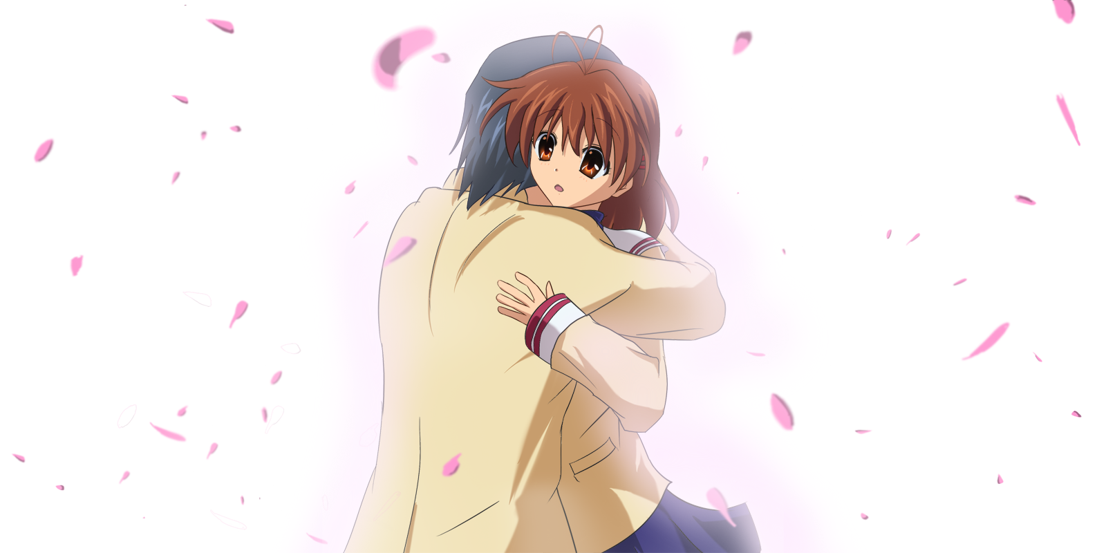 igashiko, furukawa nagisa, okazaki tomoya, clannad, highres, 00s, antenna hair, blue hair, brown eyes, brown hair, hug, school uniform, short hair
