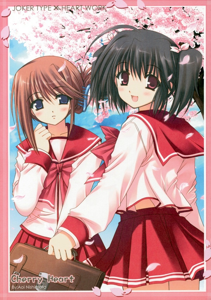 nishimata aoi, komaki manaka, yuzuhara konomi, to heart (series), to heart 2, striped, 00s, 2girls, black hair, brown hair, cherry blossoms, looking at viewer, multiple girls, outdoors, petals, school uniform